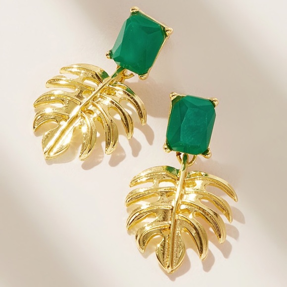 Jewelry - Emerald Cut Green Stone Post Drop Leaf Earrings